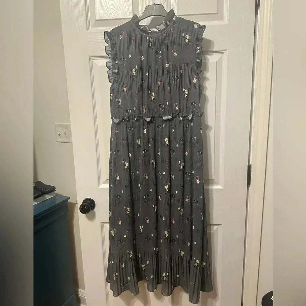 Ted Baker Gray Pleated Floral Midi Dress Size 8
